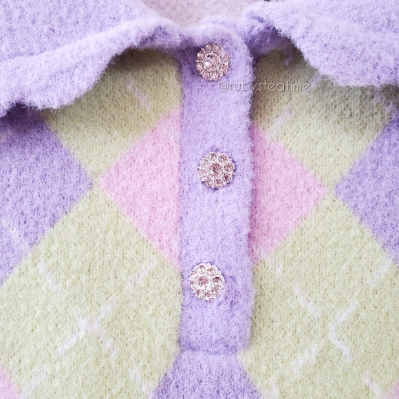 ZARA Pastel Argyle Polo Short Sleeve Sweater,Rhinestone Buttons,Wide Collar, NWT - Picture 4 of 9